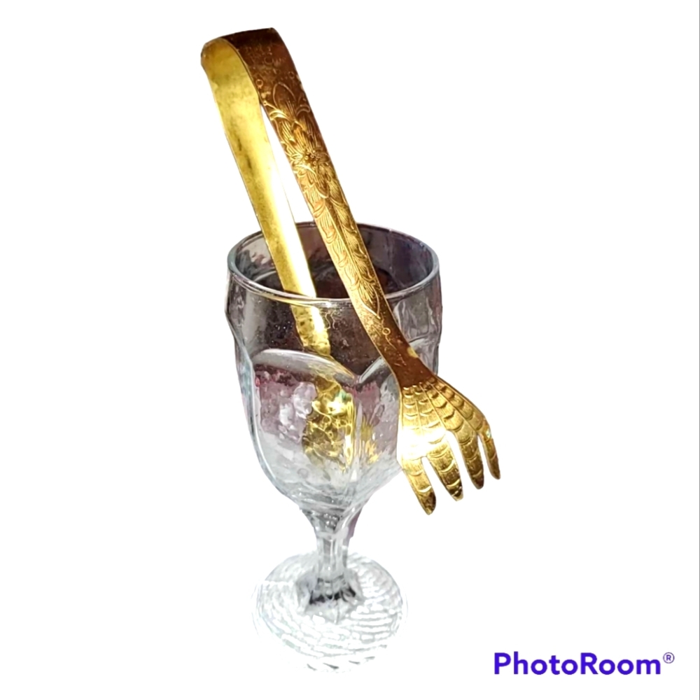 6" Golden Claw Ice Tongs Etched Sturdy Vintage Barware Formal Dining Bar Cart